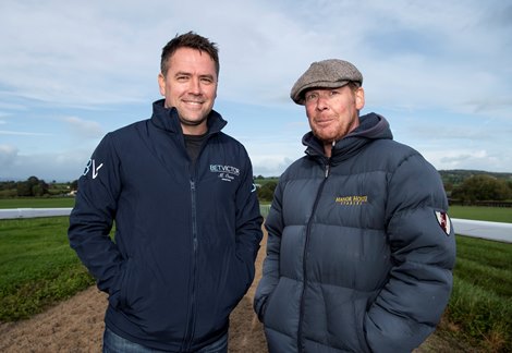 Footballer extraordinaire turned TV commentator, Michael Owen with his trainer Tom Dascombe on the gallops at Manor House Stables in Malpas, Cheshire 9.10.19