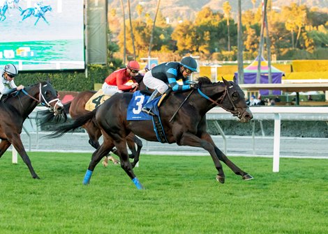 Cabo Spirit and jockey Victor Espinoza, right, outleg Maglev (Umberto Rispoli), left, to win the $100,000 Eddie Logan Stakes, Sunday, January 2, 2022 at Santa Anita Park, Arcadia CA.<br><br />
&#169; BENOIT PHOTO