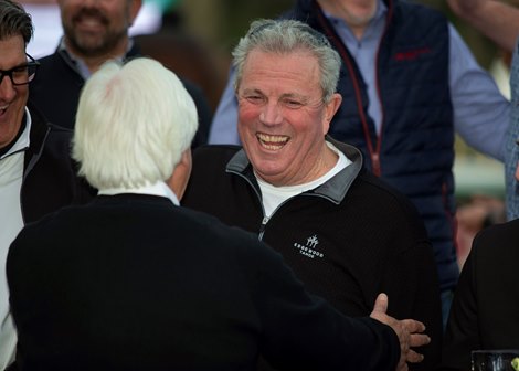 Co-owner Mike Pegram, right, celebrates with trainer Bob Baffert, left, after Essential Wager&#39;s victory in the Grade III, $200,000 Palos Verdes Stakes, Saturday, january 29, 2022 at Santa Anita Park, Arcadia CA.<br><br />
&#169; BENOIT PHOTO