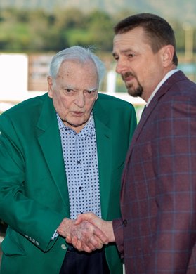 Owner William Warren, Jr., left celebrates with trainer Michael McCarthy, right, after Friar's Road's victory in the Grade II, $225,000 San Marcos Stakes, Sunday, January 30, 2022 at Santa Anita Park, Arcadia CA.<br>
© BENOIT PHOTO