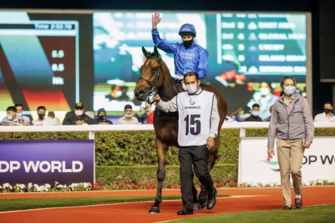 Manobo (C Appleby) William Buick wins the DWCC 2202 -Nad Al Sheba Trophy Presented By DP World UAE  Group 3  18, Feb 2022 –2800m, Turf race