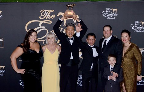 Jun Park accepts for Knicks Go winning Horse of the Year, 2022 Eclipse Award, Santa Anita Park, CA 2.10.2022.