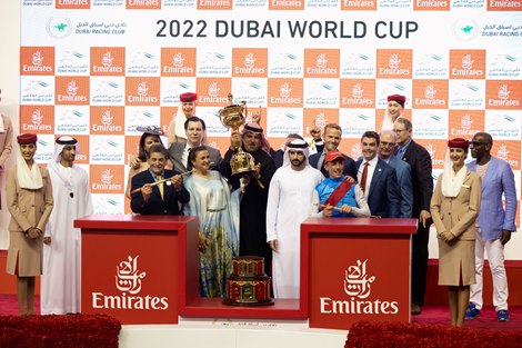 Zedan Racing Stables Inc, WinStar Farm LLC &amp; Commonwealth Thoroughbreds LLC, Bob Baffert and Lanfranco Dettori accept the trophies for the Dubai World Cup Sponsored By Emirates Airline, from H.H Sheikh Hamdan Bin Mohammed Bin Rashid Al Maktoum at the 26th Dubai World Cup on March 26, 2022