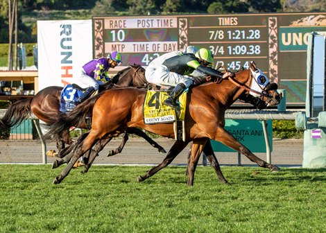 Count Again and jockey Flavien Prat, outside, outleg Space Traveller (Jamie Spencer), middle, and Beyond Brilliant (Victor Espinoza), inside, to win the Grade I, $500,000 Frank E. Kilroe Mile, Saturday, March 5, 2022 at Santa Anita Park, Arcadia CA.<br><br />
© BENOIT PHOTO