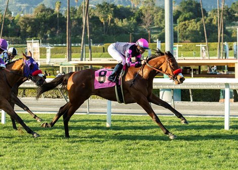 Lucky Girl and jockey Joe Bravo, right, outleg An Agent Mistake (Mario Gutierrez), left, to win the $100,000 China Doll Stakes, Sunday, March 6, 2022 at Santa Anita Park, Arcadia CA.<br><br />
&#169; BENOIT PHOTO