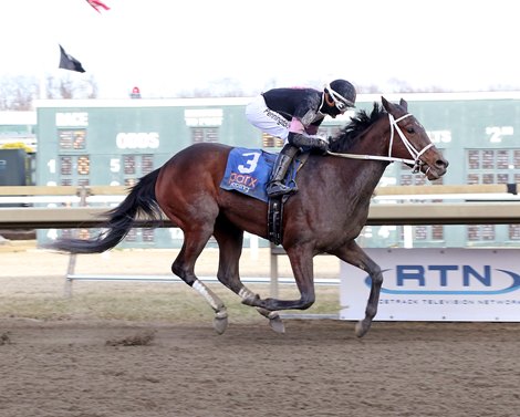 Heavy favorite Morning Matcha #3 with Frankie Pennington aboard won the $100,000 Main Line with ease at Parx Racing in Bensalem, PA on March 8, 2022. The Pennsylvania-Bred is trained by Robert Reid, Jr., for owners LC Racing LLC, Cash Is King LLC and Gary Barber. Photo by Barbara Weidl/EQUI-PHOTO.