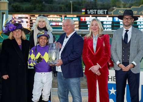 Express Train and jockey Victor Espinoza, left, overpower Warrent (Flavien Prat), right, to win the Grade I, $650,000 Santa Anita Handicap, Saturday, March 5, 2022 at Santa Anita Park, Arcadia CA.<br><br />
&#169; BENOIT PHOTO