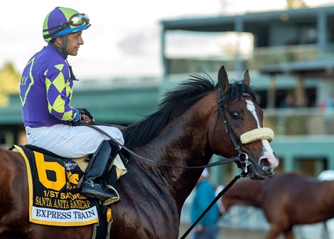 Jockey Victor Espinoza guides Express Train to the winner&#39;s circle after their victory in the Grade I, $650,000 Santa Anita Handicap, Saturday, March 5, 2022 at Santa Anita Park, Arcadia CA.<br><br />
&#169; BENOIT PHOTO