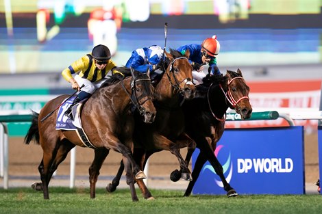 Panthalassa (right) and Lord North (centre) ended in a stalemate in Dubai Turf at Meydan in 2022, Vin de Garde finished third