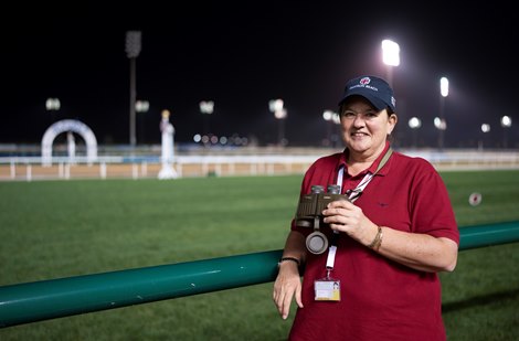 Jane Chapple-Hyam trainer of Saffron Beach<br>
Meydan 24.3.22 Pic: Edward Whitaker