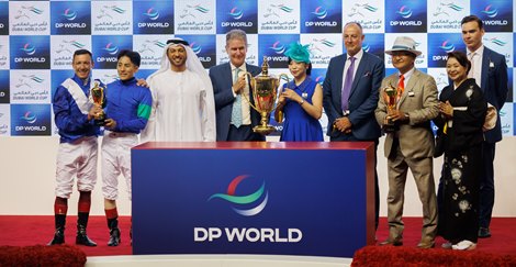 Panthalassa and Lord North finish in a deadheat in the 2022 Dubai Turf at Meydan
