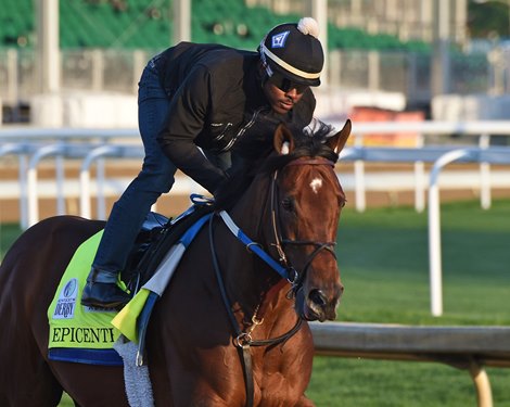 April 27, 2022: Louisiana Derby winner Epicenter, Roberto Howell up, at Churchill Downs Wednesday morning.