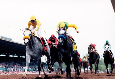 Free House (left) defeats Silver Charm to win the 1997 Santa Anita Derby