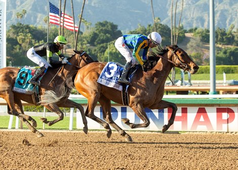 Poza de Luna&#39;s Blue Stripe and jockey Tyler Baze win the Grade II $200,000 Santa Margarita Stakes Saturday, April 30, 2022 at Santa Anita Park, Arcadia, CA.<br><br />
Benoit Photo