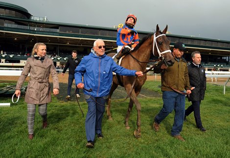 April 8, 2022: Nest Irad Ortiz Jr. up, being led into the winners&#39; circle by co-owners Mike House (blue jacket) and Aron Wellman (R) after winning the Gr.1 Ashland at Keeneland...