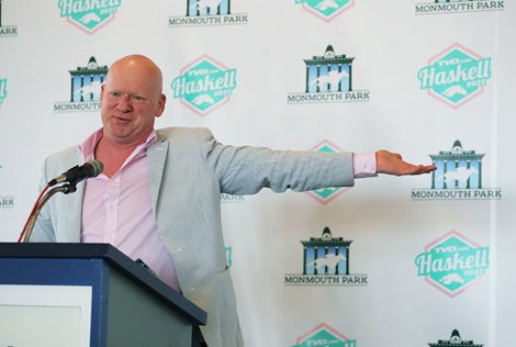 Dallas Baker, Head of Business Development for Betmakers, speaks at the Monmouth Park 2022 Opening Day Press Conference at Monmouth Park Racetrack in Oceanport, NJ 4/28/22