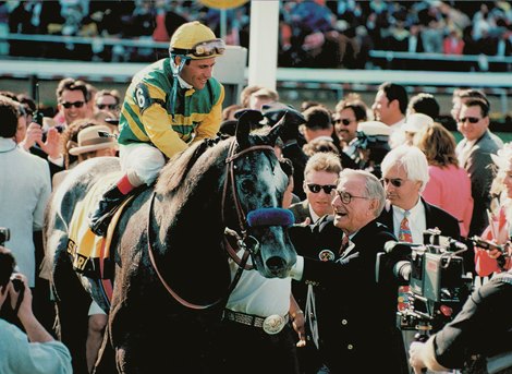 Bob Lewis greets Silver Charm and Gary Stevens after the 1997 Kentucky Derby at Churchill Downs