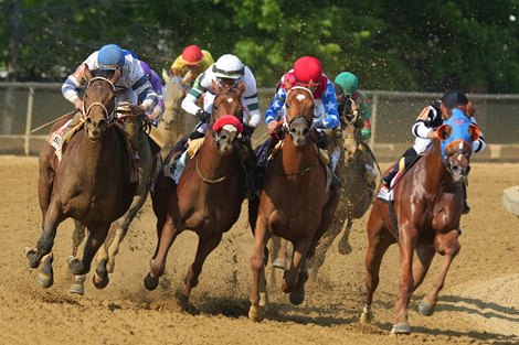 Ethereal Road (far left) wins the Sir Barton Stakes at Pimlico on 5-21-22