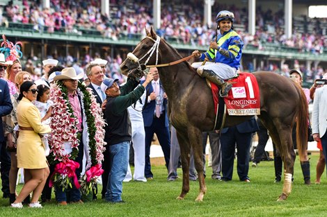 Winning connections in the winners circle after Secret Oath with Luis Saez win the Kentucky Oaks (G1) at Churchill Downs in Louisville, KY on May 6, 2022.