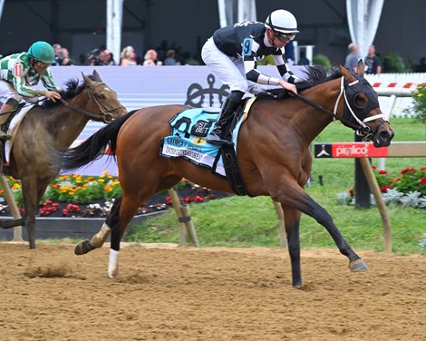 Interstatedaydream with Florent Geroux wins the Black-Eyed Susan (G2) at Pimlico Racecourse on May 20, 2022.