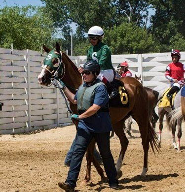 Cassie Dempsey leads a horse to the gate at Thistledown