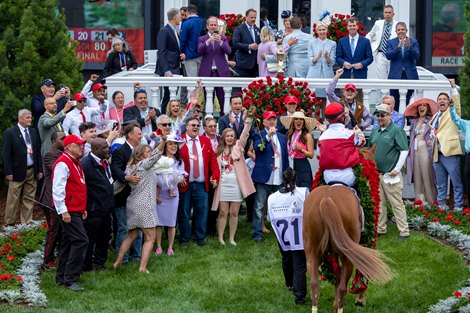 Rich Strike, with Sonny Leon up, win the 148th Kentucky Derby, Saturday, May 07, 2022  at Churchill Downs in Louisville. Connections celebrate as horse and jockey enter the Winner’s Circle.