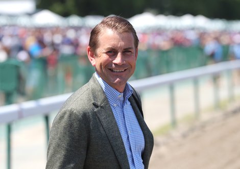 Coach Jonathan Thomas smiles after Fuerteventura won the Jersey Derby at Monmouth Park Speedway in Oceanport, NJ 5/29/22 Photo by Bill Denver / EQUI-PHOTO