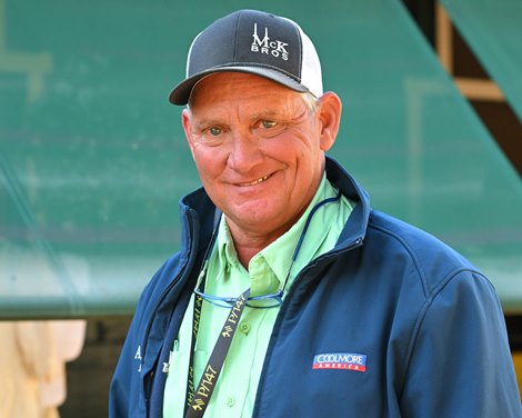 Kevin McKathan with Fenwick<br>
Preakness coverage at Pimlico Racecourse on May 18, 2022.