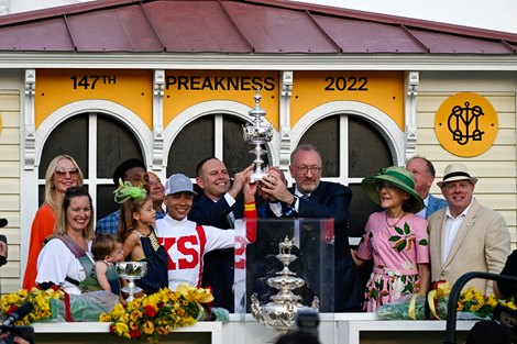 Connections for Early Voting celebrate winning the Preakness Stakes