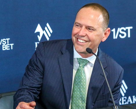 Trainer Chad Brown. Early Voting with Jose Ortiz wins the Preakness G1 at Pimlico, Baltimore, Maryland on May 21, 2022
