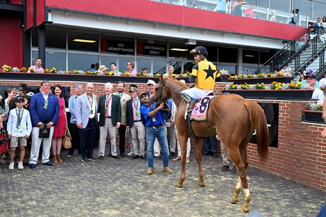 First Captain with jockey Luis Saezwins the 52nd running of the Pimlico Special (GII) at Pimlico Race Course Friday May 20, 2022 in Baltimore, MD.  Photo by Skip Dickstein