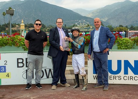 American Theorem and jockey Joe Bravo, outside, overpower Principe Carlo (Kyle Frey), inside, to win the Grade II, $200,000 Triple Bend Stakes, Sunday, Mayt 29, 2022 at Santa Anita Park, Arcadia CA.<br><br />
&#169; BENOIT PHOTO