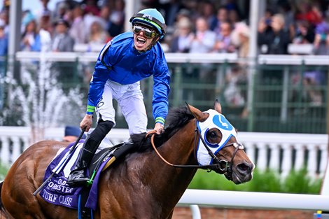 Santin with Tyler Gaffalione up wins the Old Forester Bourbon Turf Classic (G1T) at Churchill Downs on May 7, 2022.