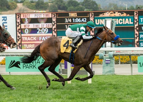 Bran and jockey Juan Hernandez win the Grade III, $100,000 Daytona Stakes, Sunday, May 29, 2022 at Santa Anita Park, Arcadia CA.<br>
© BENOIT PHOTO