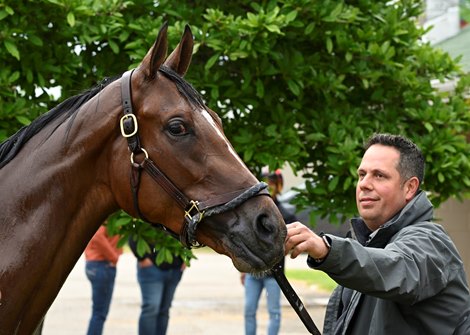 Desert Dawn and her trainer Phil D'Amato share a quiet moment together after hours of practice at Churchill Downs Raceway Wednesday, May 4, 2022 in Louisville, KY.  