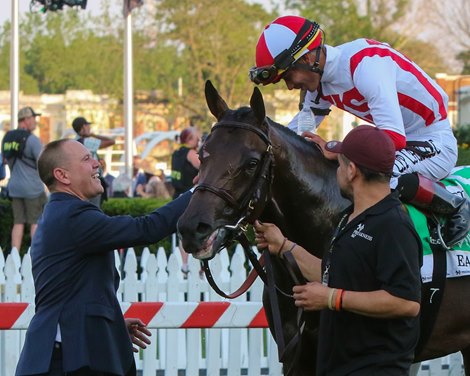 Trainer Chad Brown. Early Voting with Jose Ortiz wins the Preakness G1 at Pimlico, Baltimore, Maryland on May 21, 2022
