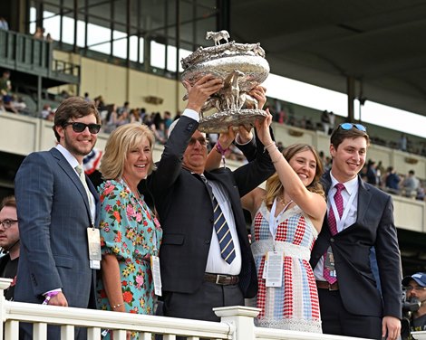 Todd Pletcher with family after winning the Belmont Stakes with Mo Donegal.<br>
Pletchers children: Payton (beard), Kyle and Hannah Pletcher