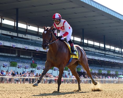 Gerrymander wins the 2022 Mother Goose Stakes at Belmont Park