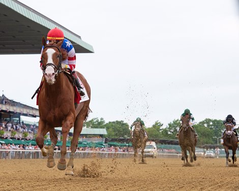 Jack Christopher wins the Woody Stephens (G1) at Belmont Park on June 11, 2022.