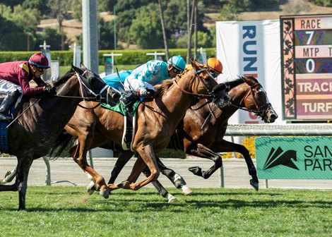 Breakpoint and jockey Tyler Baze, right, outleg Red King (Abel Cedillo), second from left, and Avenue (Juan Hernandez), left, to win the Grade III, $125,000 San Juan Capistrano Stakes, Sunday, June 19, 2022 at Santa Anita Park, Arcadia CA.<br><br />
&#169; BENOIT PHOTO