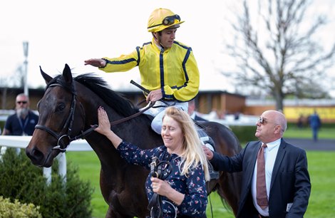 Richard Fahey walks into the winners enclosure with Perfect Power (Christophe Soumillon) after  the Greenham<br>
Newbury 16.4.22