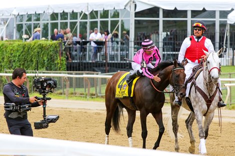 Casa Creed with Luis Saez wins Jaipur Stakes (G1T) at Belmont Park in Elmont, NY on June 11, 2022.