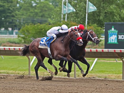 Mind Control #1 (Inside) with John Velazquez riding to battle Hot Rod Charlie #3 and Mike Smith for the $150,000 Salvator Mile III Prize at Monmouth Park Speedway in Oceanport, NJ on Saturday, May 18 June 2022. Photo by Nikki Sherman / EQUI-PHOTO