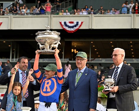 (L-R): Gioia and Mike Repole, Irad Ortiz jr., Jerry Crawford, Todd Pletcher. Mo Donegal with Irad Ortiz Jr. wins the Belmont Stakes Presented by NYRA Bets (G1) at Belmont Park on June 11, 2022.