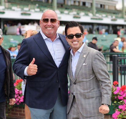 Red Oak Stable's Stephen Brunetti (L) gives the thumbs up with Red Oak Racing Manager Rick Sacco, after Mind Control with John Velazquez riding won the $150,000 Grade III Salvator Mile over Hot Rod Charlie at Monmouth Park Racetrack in Oceanport, NJ on Saturday June 18, 2022.  Photo By Bill Denver/EQUI-PHOTO