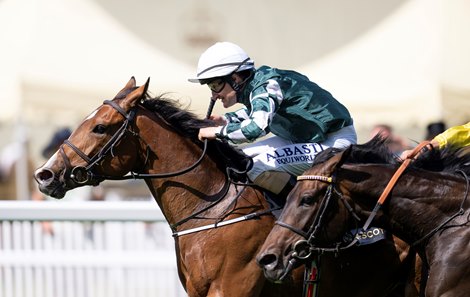 Magical Lagoon (Shane Foley) beats Sea Silk Road (Tom Marquand) in the Ribblesdale Stakes<br><br />
Royal Ascot 16.6.22 Pic: Edward Whitaker