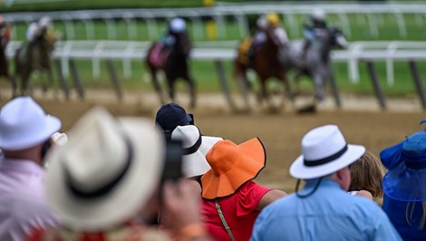 Hats come in different colors and shapes during Belmont Stakes Day at Belmont Park Saturday, June 11, 2022 in Elmont, NY Photo by Skip Dickstein