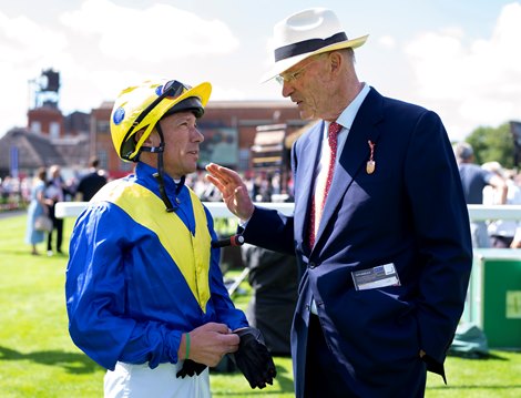 John Gosden and Frankie Dettori before Mighty Ulysses had won the Sir Henry Cecil Stakes<br>
Newmarket 7.7.22 Pic: Edward Whitaker