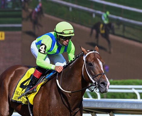 Jackie’s Warrior with jockey Joel Rosario aboard wins the 38th running of The Alfred G. Vanderbilt at the Saratoga Race Course Saturday July 30, 2022 in Saratoga Springs N.Y. Photo Special to the Times Union by Skip Dickstein