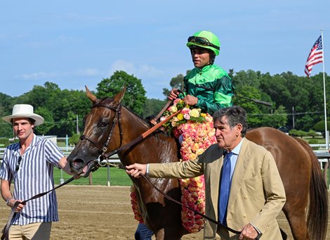 Owner Peter Brant brings In Italian (#6) with jockey Joel Rosario to the winner’s circle after winning the 84th running of The Diana at Saratoga Race Course Saturday July 16, 2022 in Saratoga Springs, N.Y.  Photo Special to the Times Union by Skip Dickstein